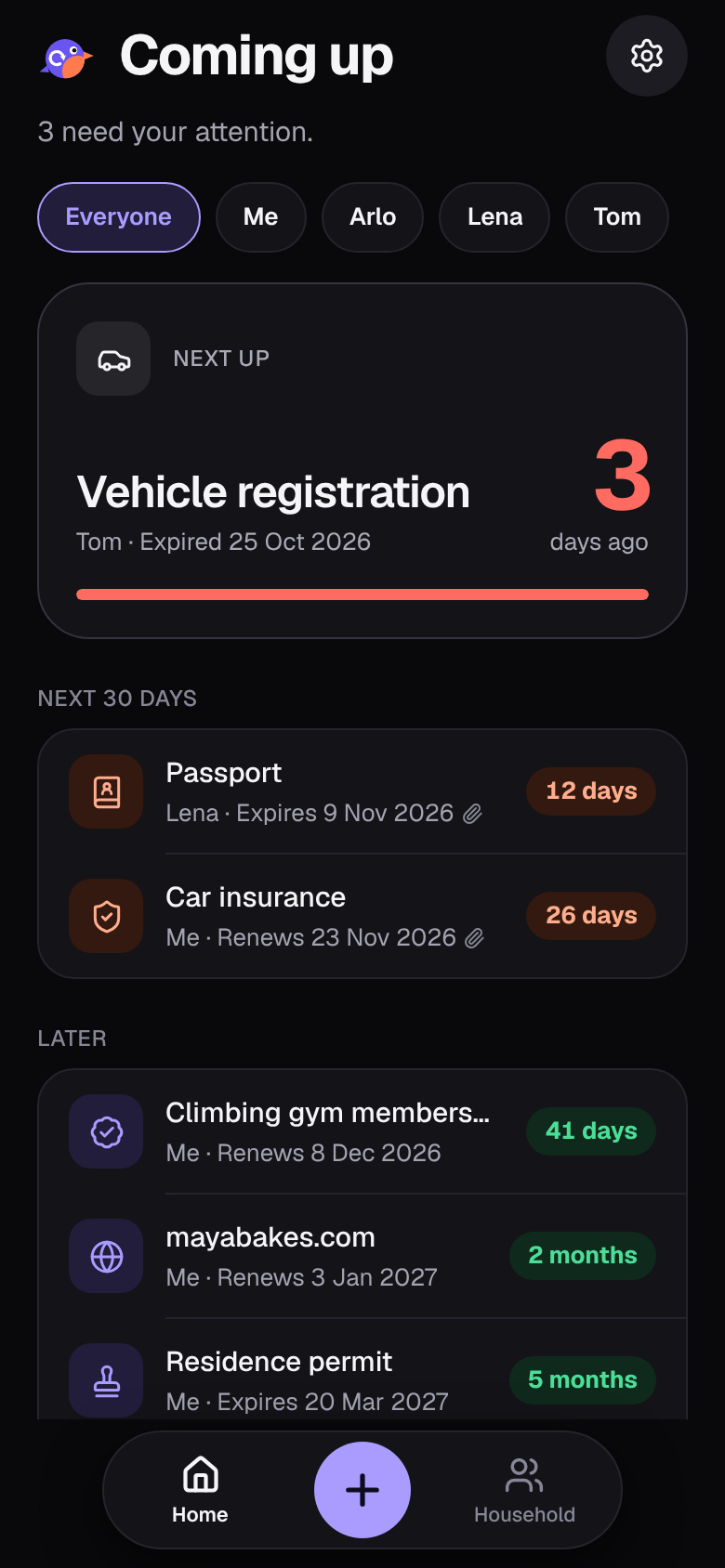 Renewbird home screen with an expired vehicle registration, a passport due in 12 days and later renewals