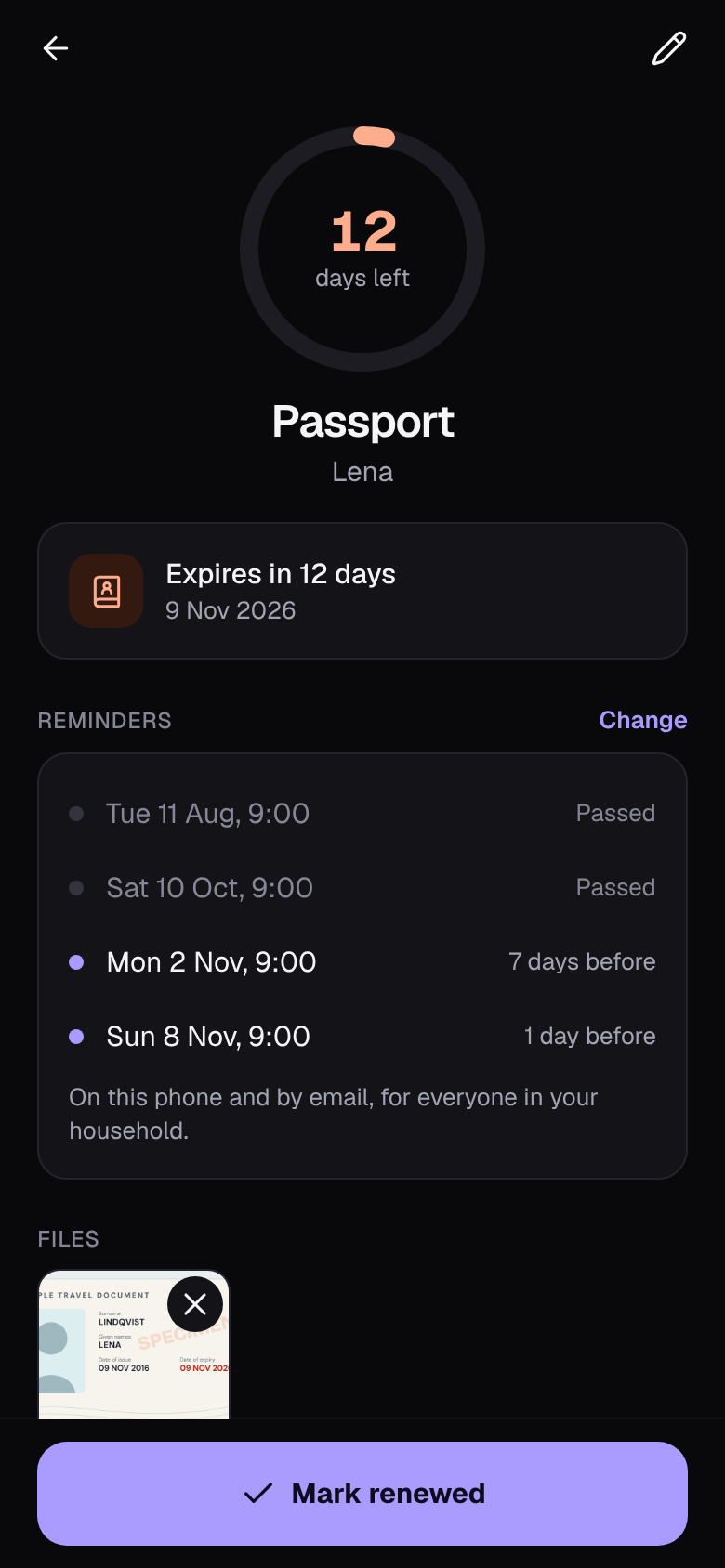 A passport with 12 days left, its reminder dates and a photo of the page