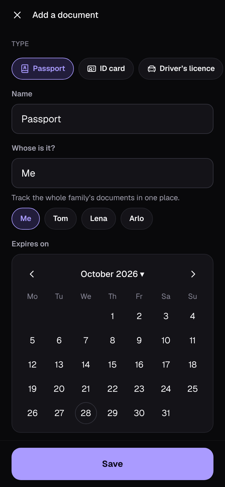 Adding a document: type, whose it is, the expiry date and reminder times