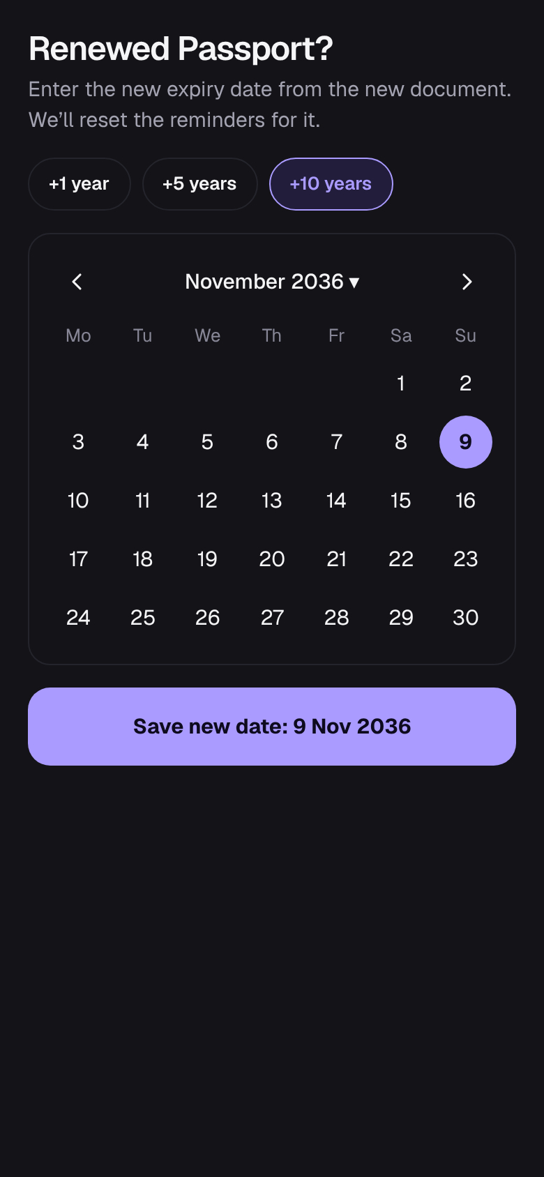 Confirmation screen showing the scheduled reminders for a new document
